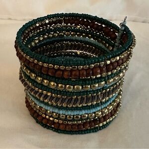 Handmade Beaded Cuff Bracelet Stretchy Boho Indie 2 inches wide Gold Green Blue